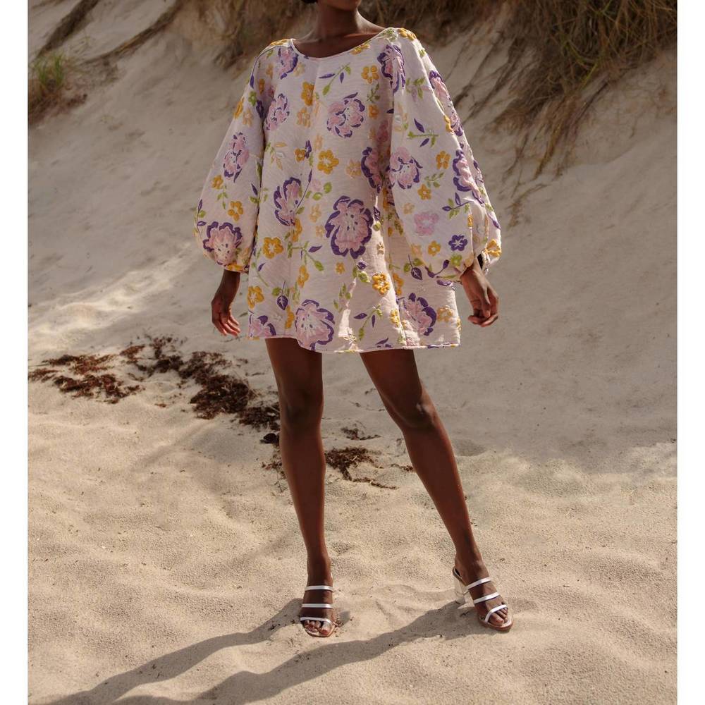 Arianne Elmy White Floral Mini Dress | Purple Yellow Print | Balloon Sleeve